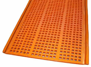 A piece of orange square polyurethane trommel screen on the white background.