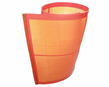 A piece of red polyurethane fine screen mesh on the white background